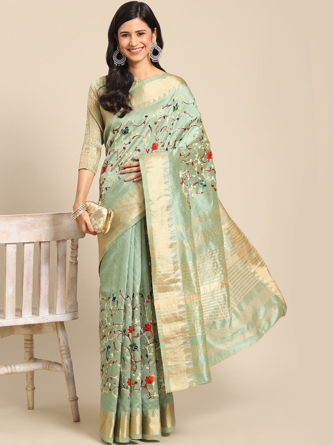 

DIVASTRI Floral Embroidered Silk Cotton Designer Banarasi Saree, Green