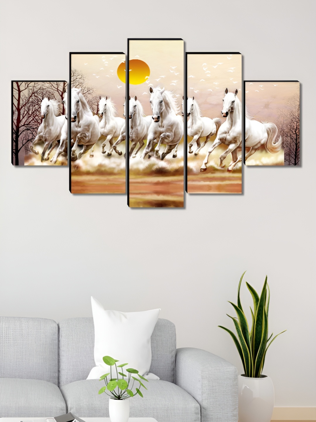 

Aura White & Yellow 5 Pieces Wood Running Horses Wall Paintings