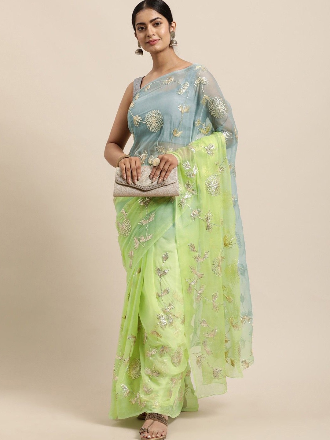 

PEORA'S CLOSET Floral Embroidered Organza Saree, Sea green
