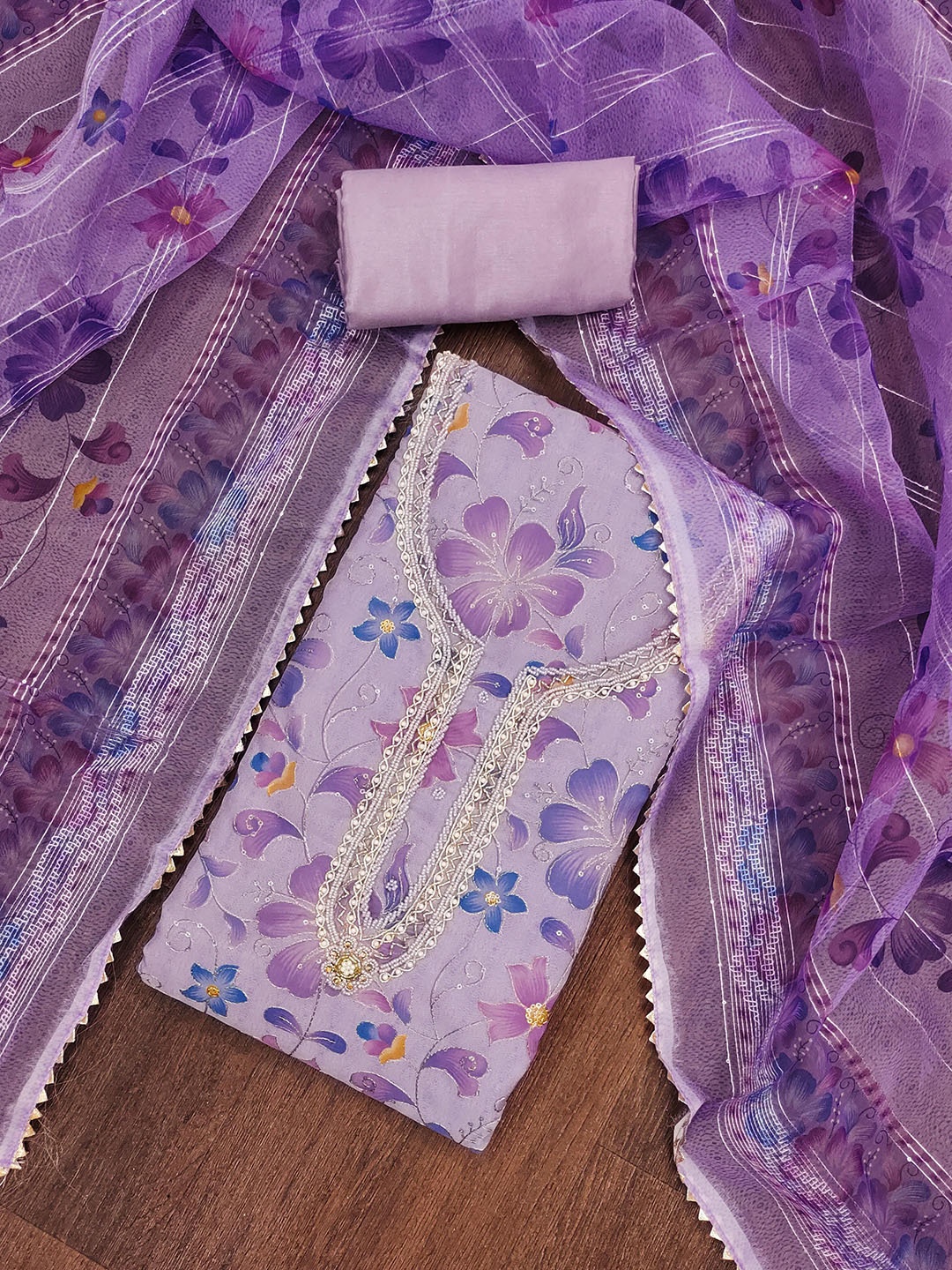 

SAINOOR Floral Woven Design Organza Semi-Stitched Dress Material, Purple