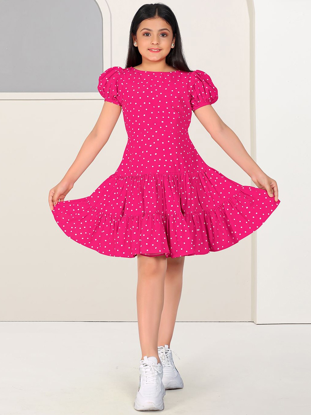 

YK Polka Dot Print Puff Sleeve Crepe Fit & Flare Dress, Pink