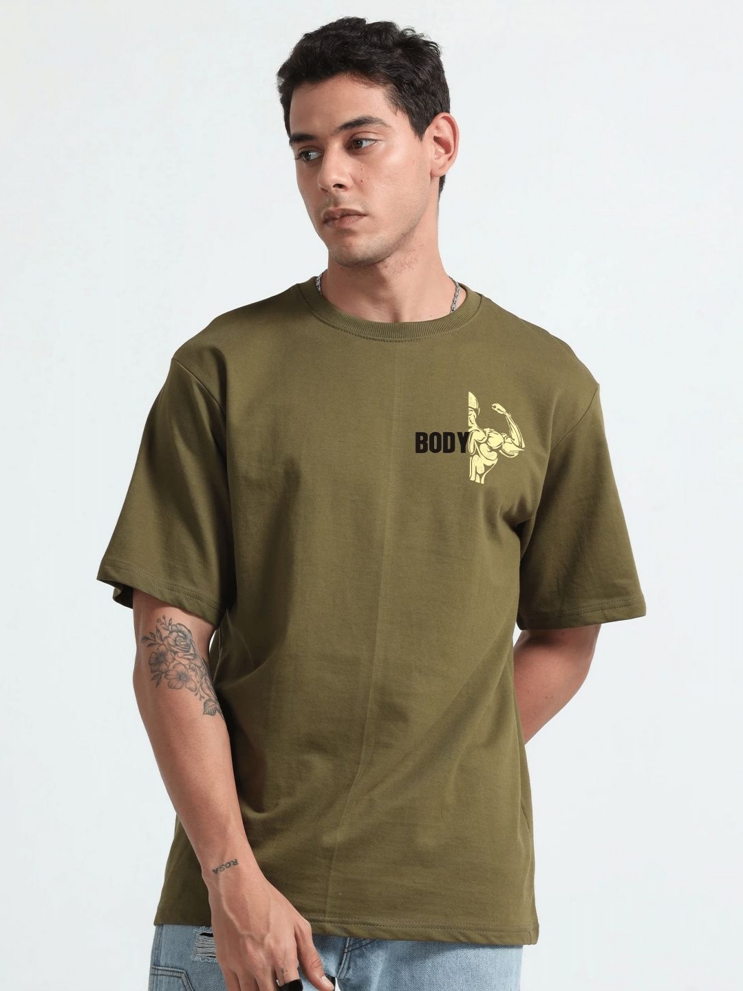 

GSPO Men Typography Printed Extended Sleeves Applique T-shirt, Olive