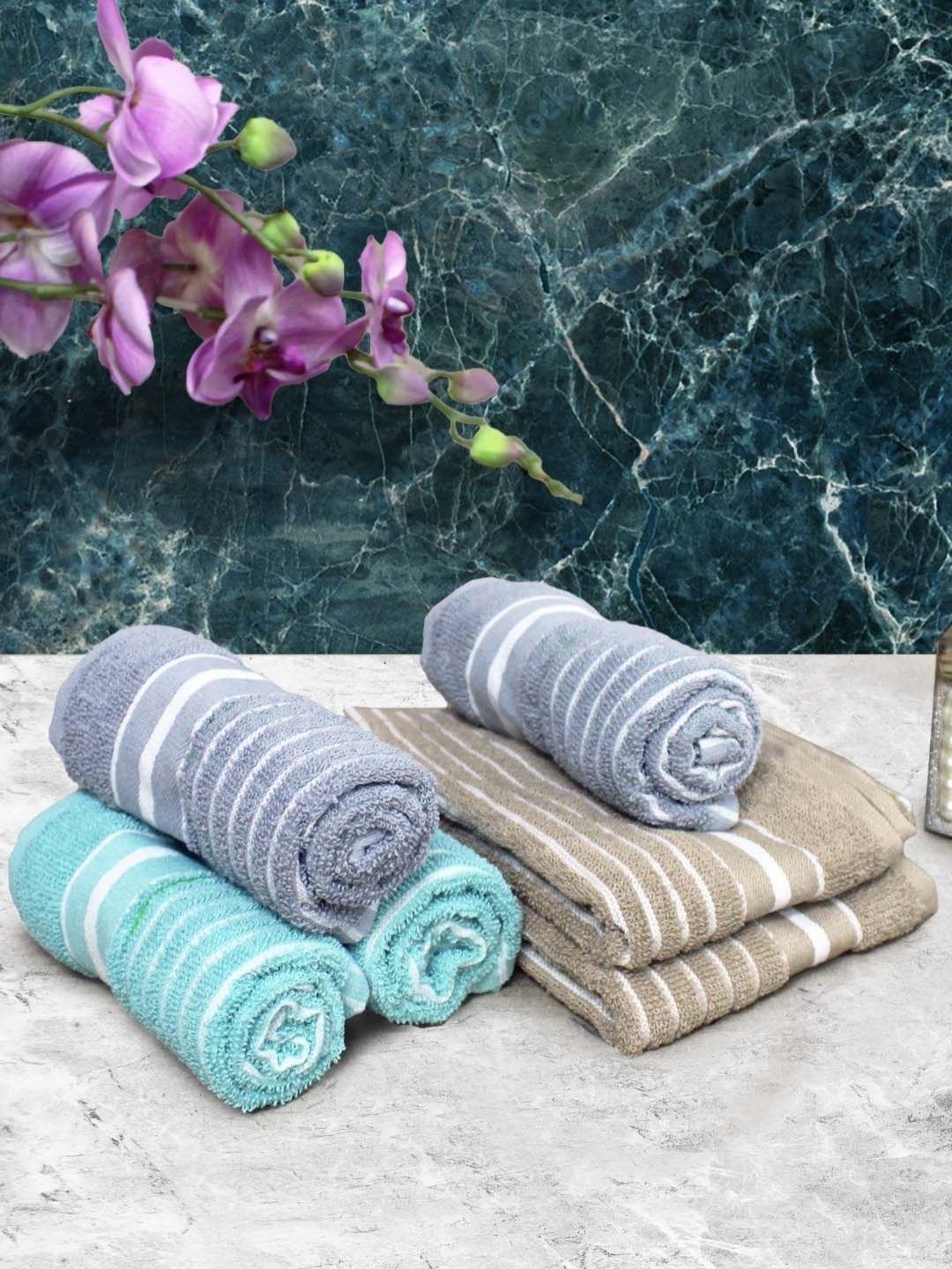 

Aura Grey & Beige 6 Pieces Striped Pure Cotton 150 GSM Hand Towels