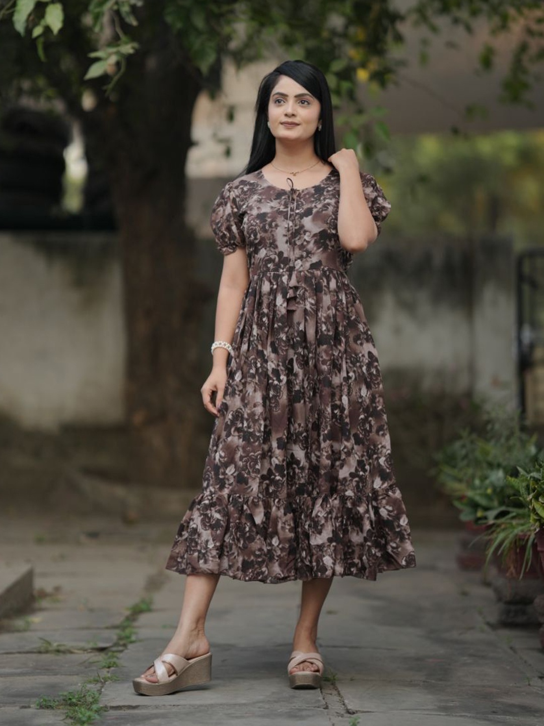 

VORIMA Printed Midi A-Line Dress, Brown