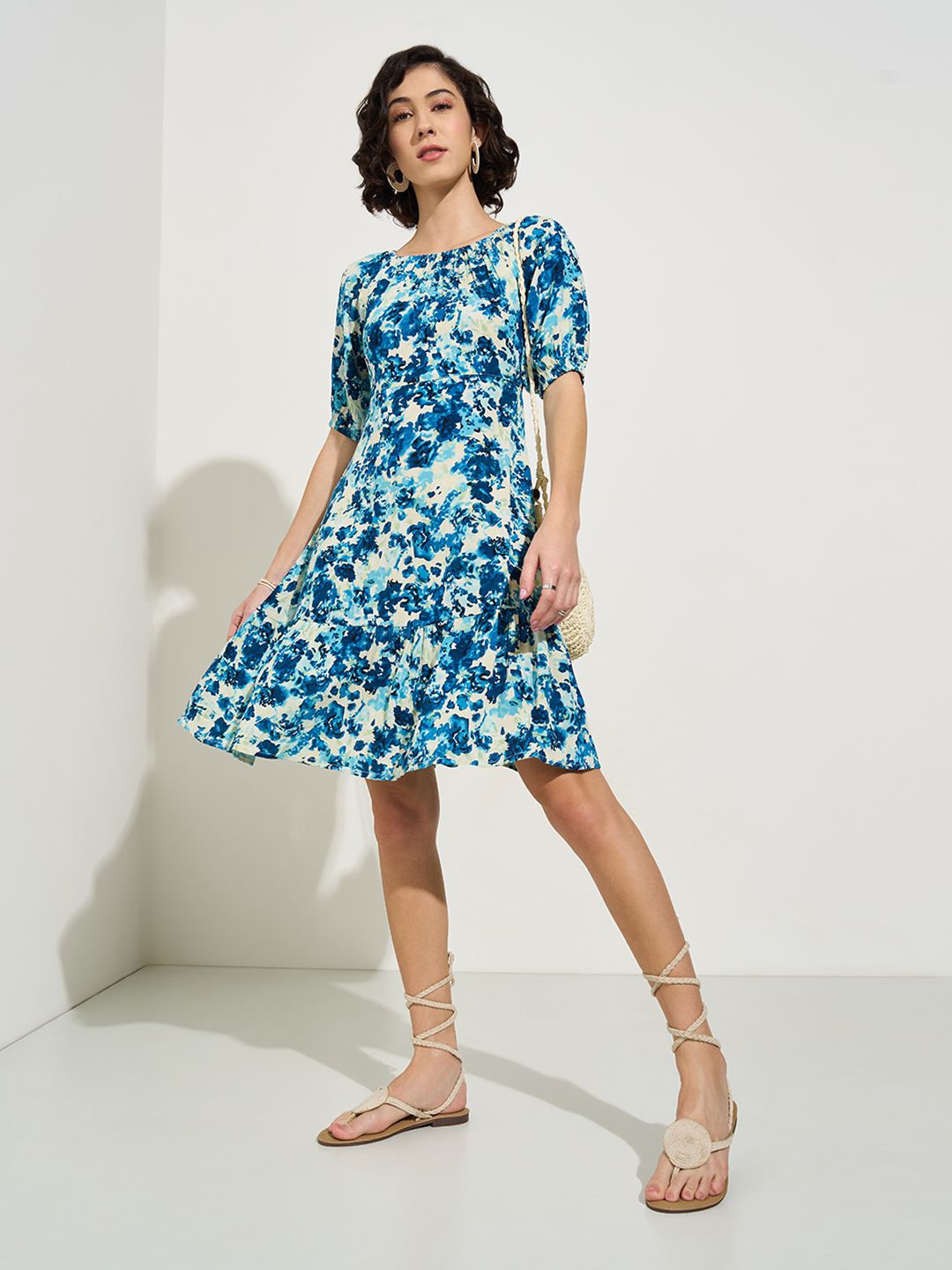 

Honey by Pantaloons Floral Print Puff Sleeve Fit & Flare Dress, Blue