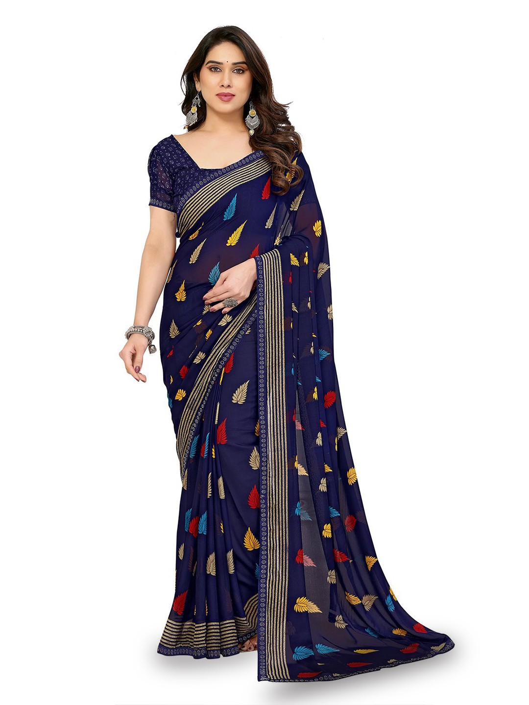 

Moda Rapido Printed Lace Border Saree, Navy blue