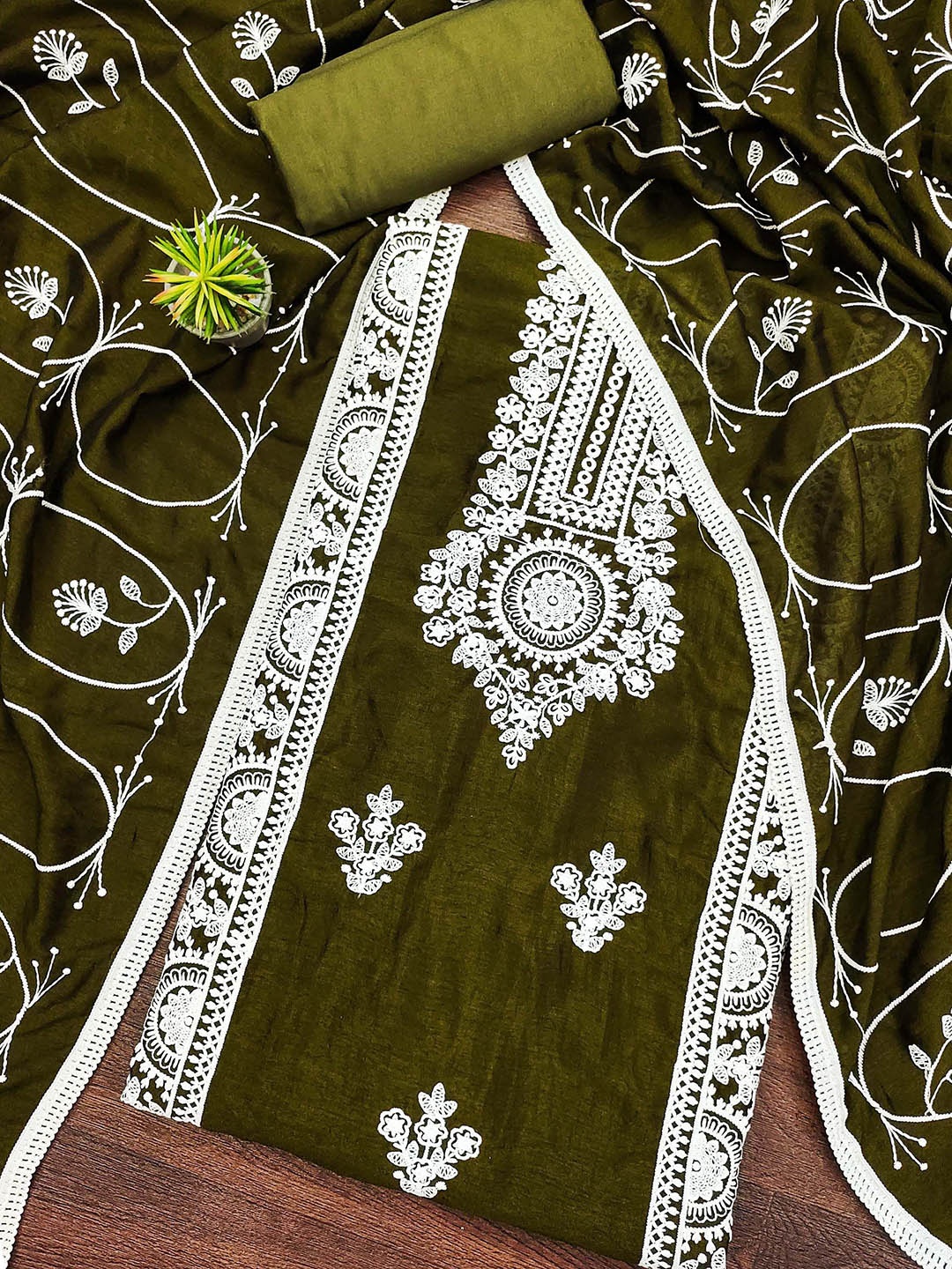 

SAINOOR Floral Embroidered Cotton Unstitched Dress Material, Olive