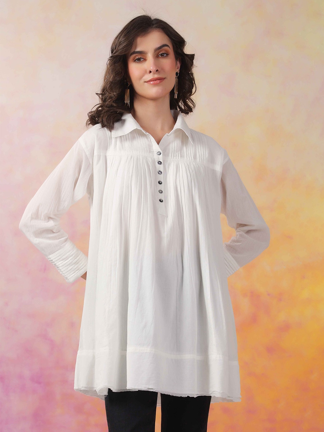 

Nyaro Women White Pleated Tunic with Button-Down Detailing Shirt Style Top