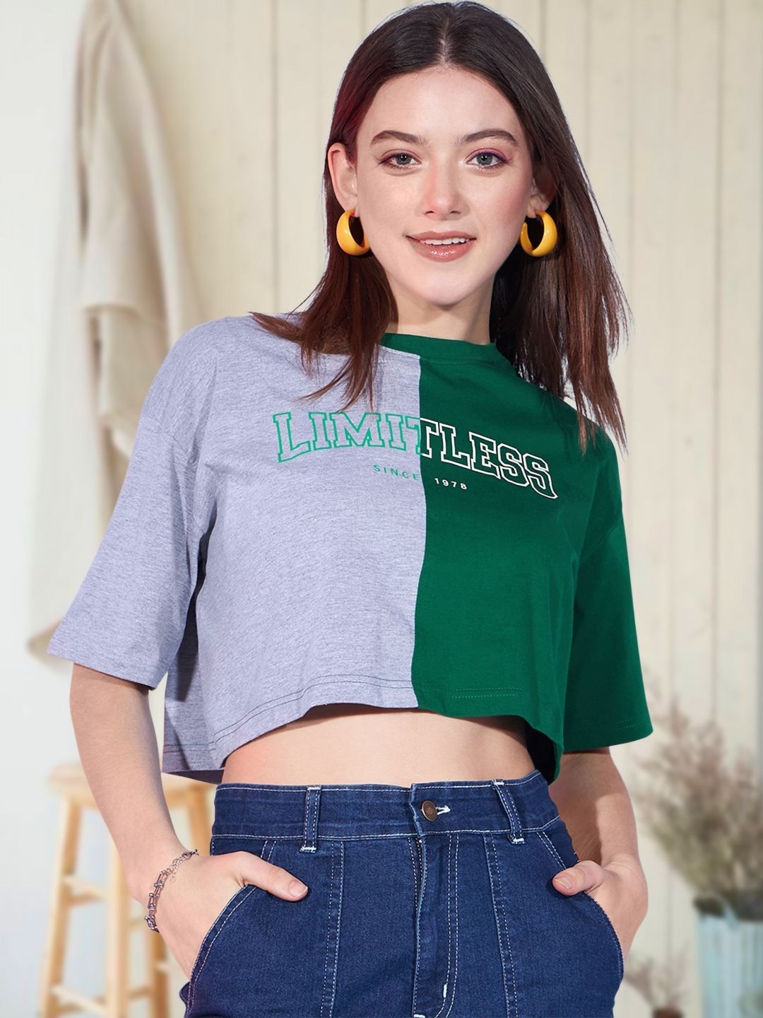 

CORSICA Women Colourblocked Drop-Shoulder Sleeves Boxy T-shirt, Green