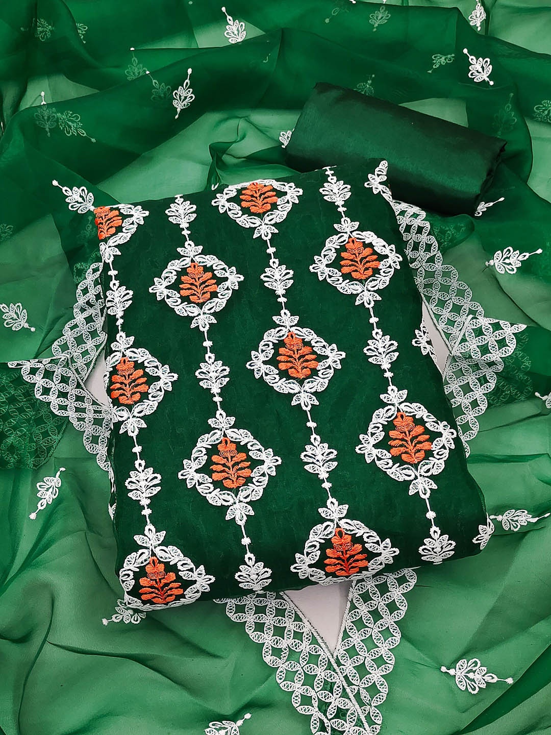 

SAINOOR Embroidered Thread Work Organza Unstitched Dress Material, Green