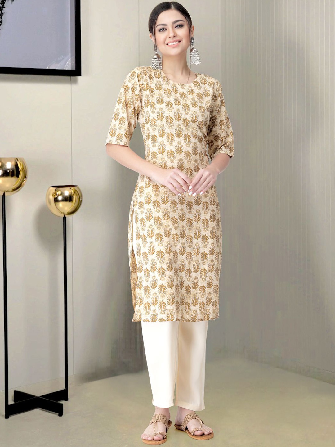 

Moda Rapido Floral Printed Round Neck Straight Kurta With Trousers, Beige