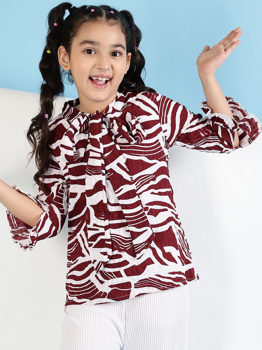 

Miss & Chief Girls Printed Tie-Up Neck Top, Maroon