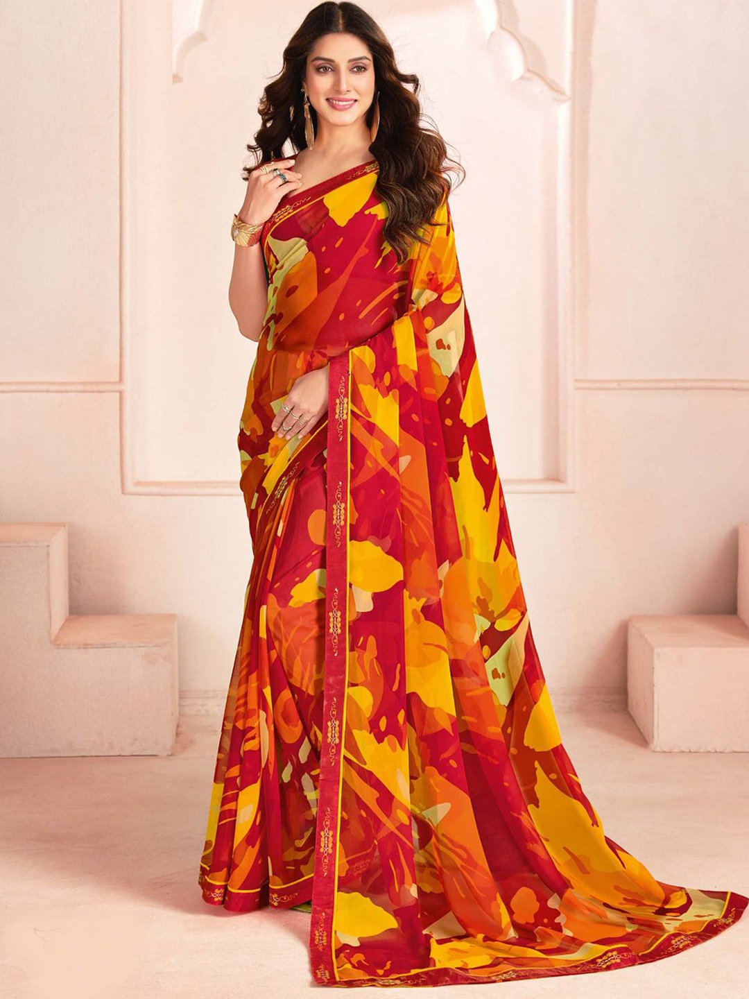 

Saree mall Abstract Printed Georgette Sarees With An Unstitched Blouse Piece, Yellow