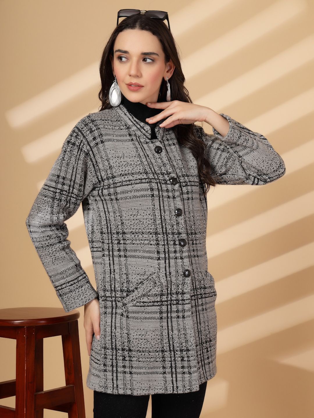 

all about you Geometric Checked Mandarin Collar Woollen Longline Top, Grey