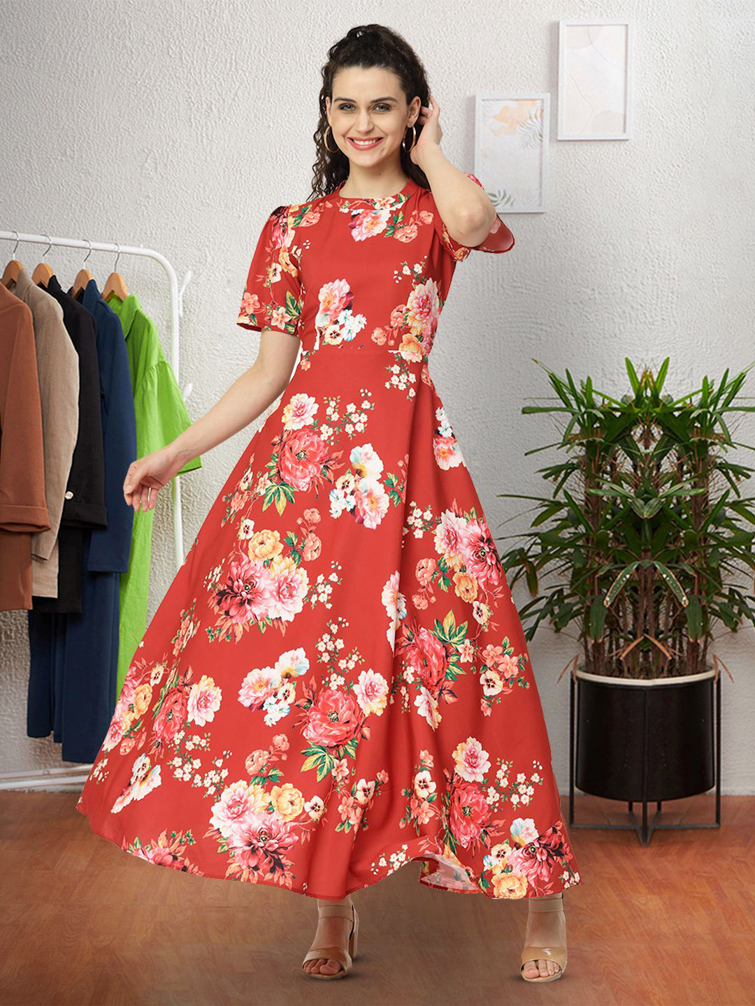 

Moda Rapido Floral Print Applique Fit & Flare Dress, Red