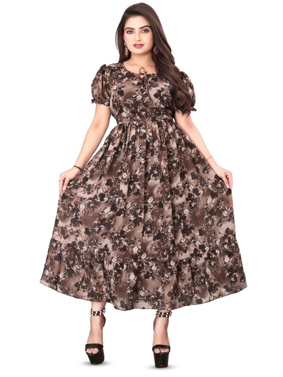 

VORIMA Printed Midi A-Line Dress, Brown