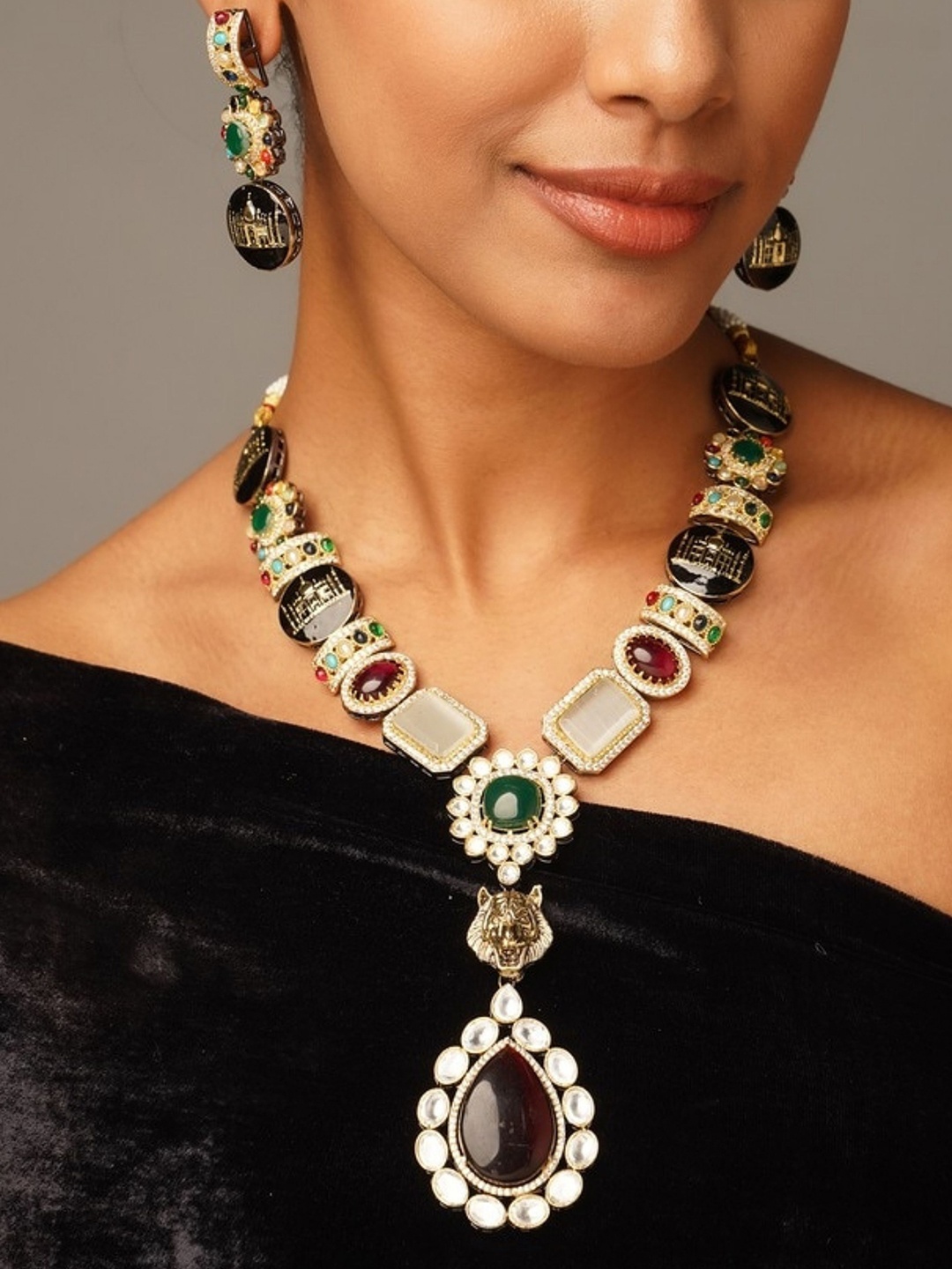 

ABDESIGNS Enchanting Gold Plated Polki American Diamond Jewellery Set