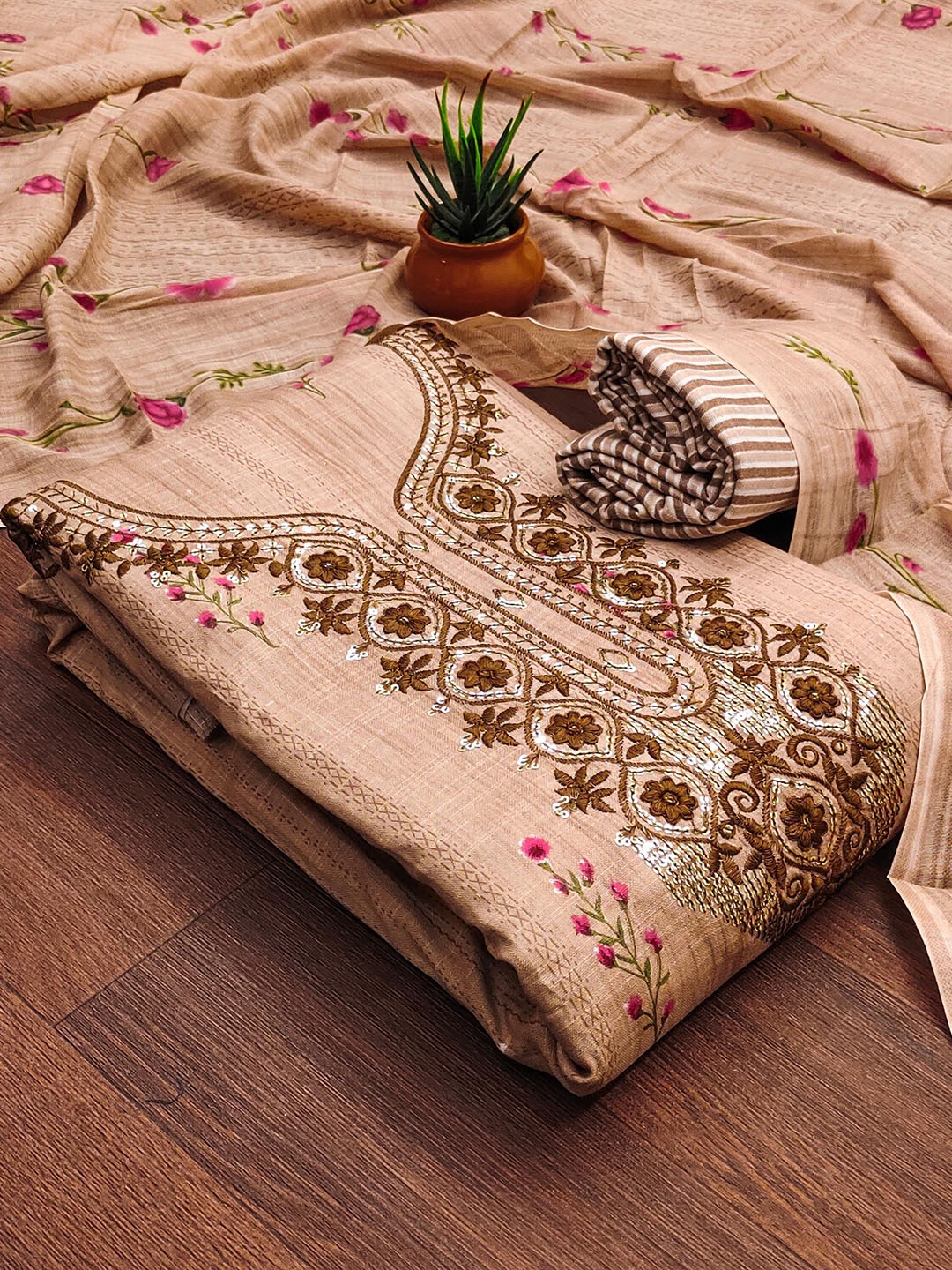 

SAINOOR floral Embroidered Sequinned Pure Cotton Unstitched Dress Material, Beige