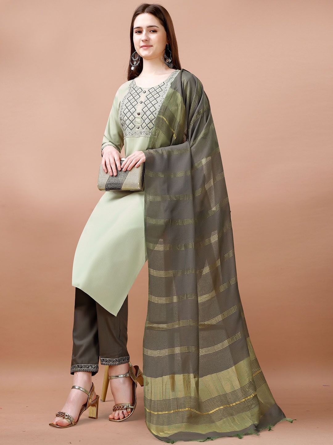 

Moda Rapido Geometric Yoke Design Thread Work Straight Kurta With Trousers And Dupatta, Green