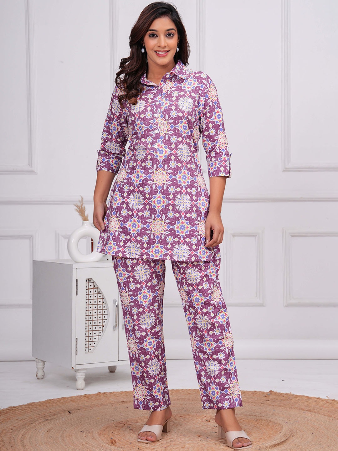 

mad fury Ethnic Motifs Printed Shirt Collar Pure Cotton Tunic And Trouser, Purple