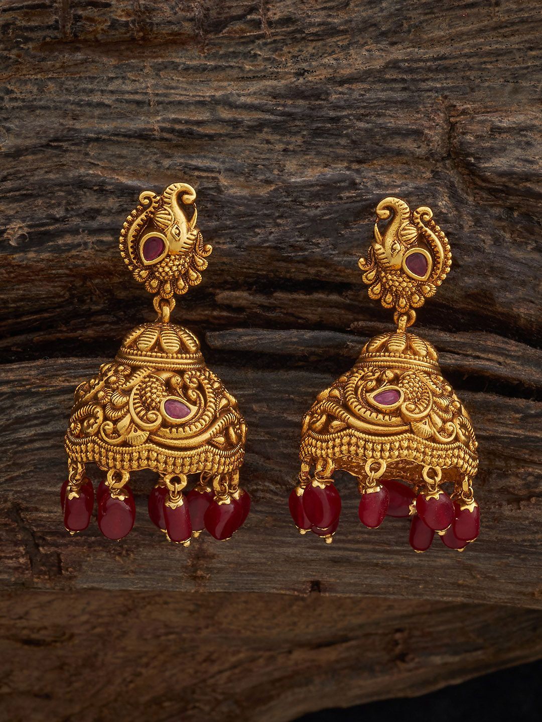 

Kushal's Fashion Jewellery Gold-Plated Dome Shaped Antique Artificial Stones Jhumkas