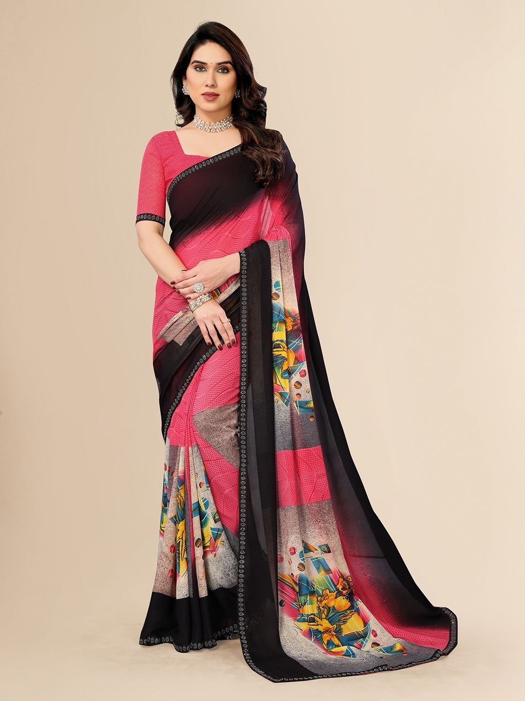 

Moda Rapido Tie and Dye Beads and Stones Embroidered Saree With Unstitched Blouse Piece, Pink