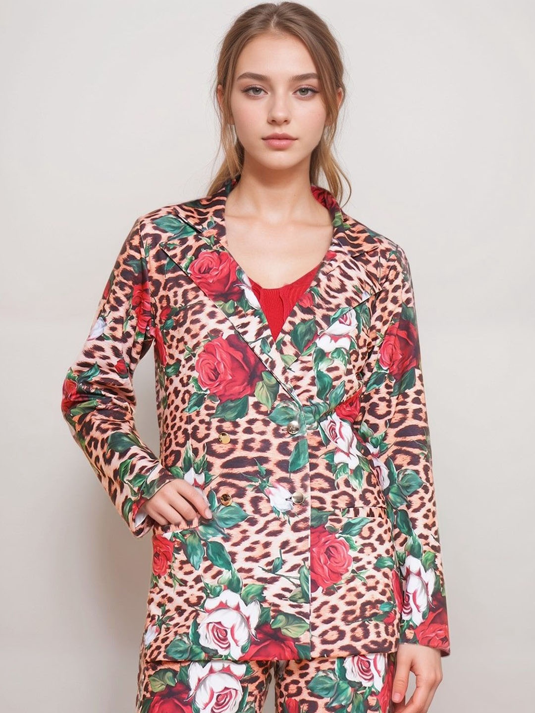 

KATLINE Floral Printed Double-Breasted Notched Lapel Collar Casual Blazer, Brown