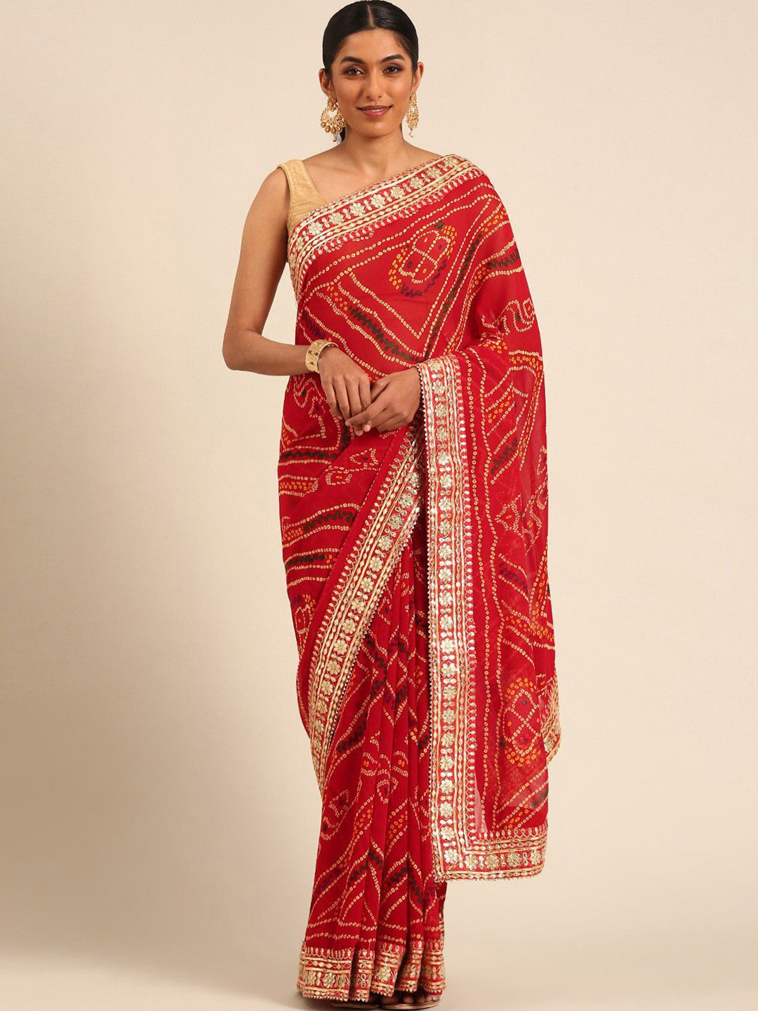 

DIVASTRI Bandhani Gotta Patti Poly Georgette Designer Bandhani Saree, Red