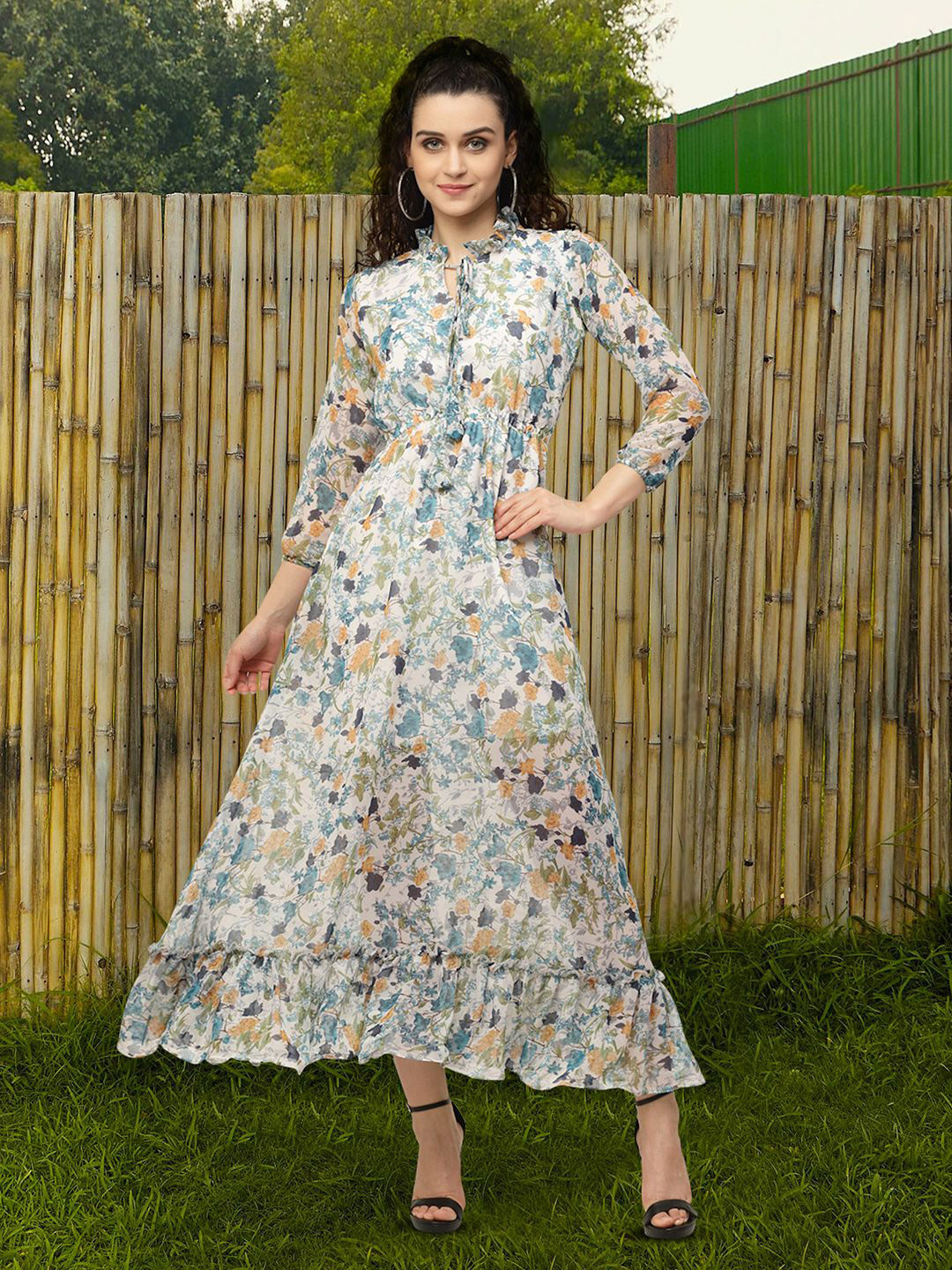 

Moda Rapido Floral Print Tie-Up Neck Applique Fit & Flare Dress, Multi