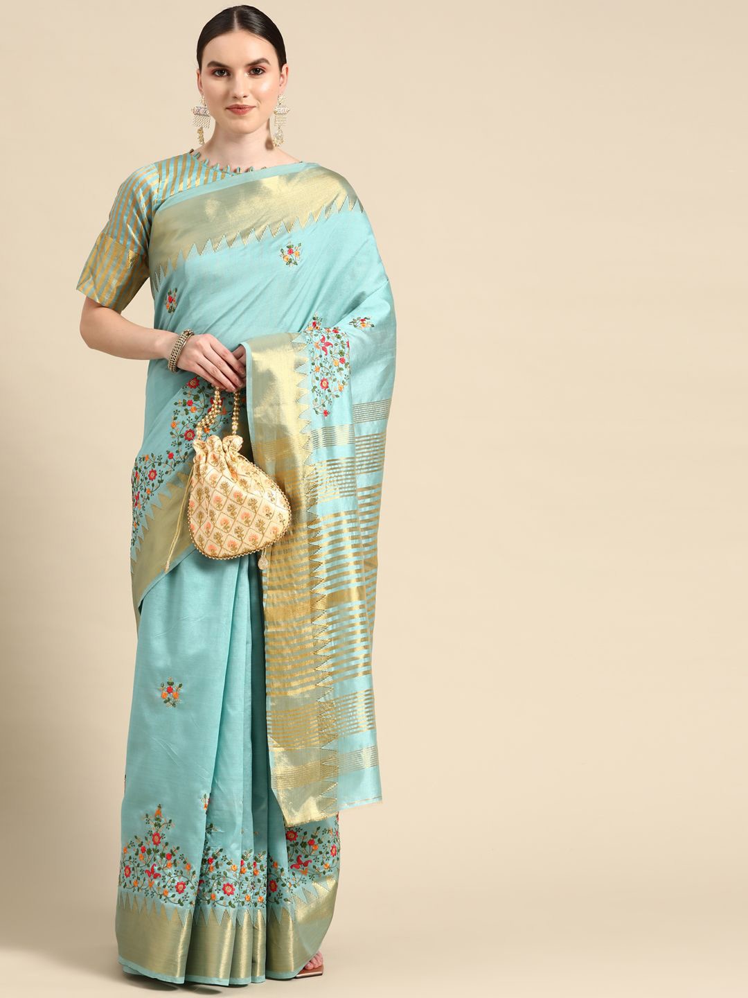 

DIVASTRI Woven Design Zari Silk Cotton Banarasi Saree, Turquoise blue