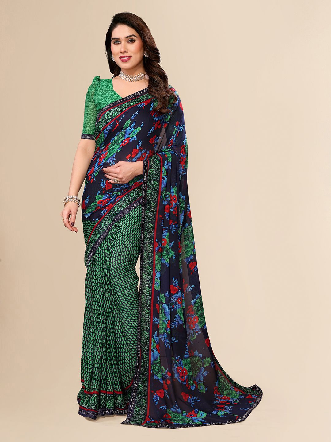 

Moda Rapido Floral Printed Beads and Stones Saree, Green