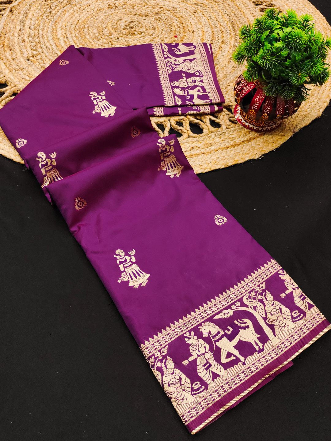 

yourwish Ethnic Motifs Woven Design Zari Baluchari Saree, Purple