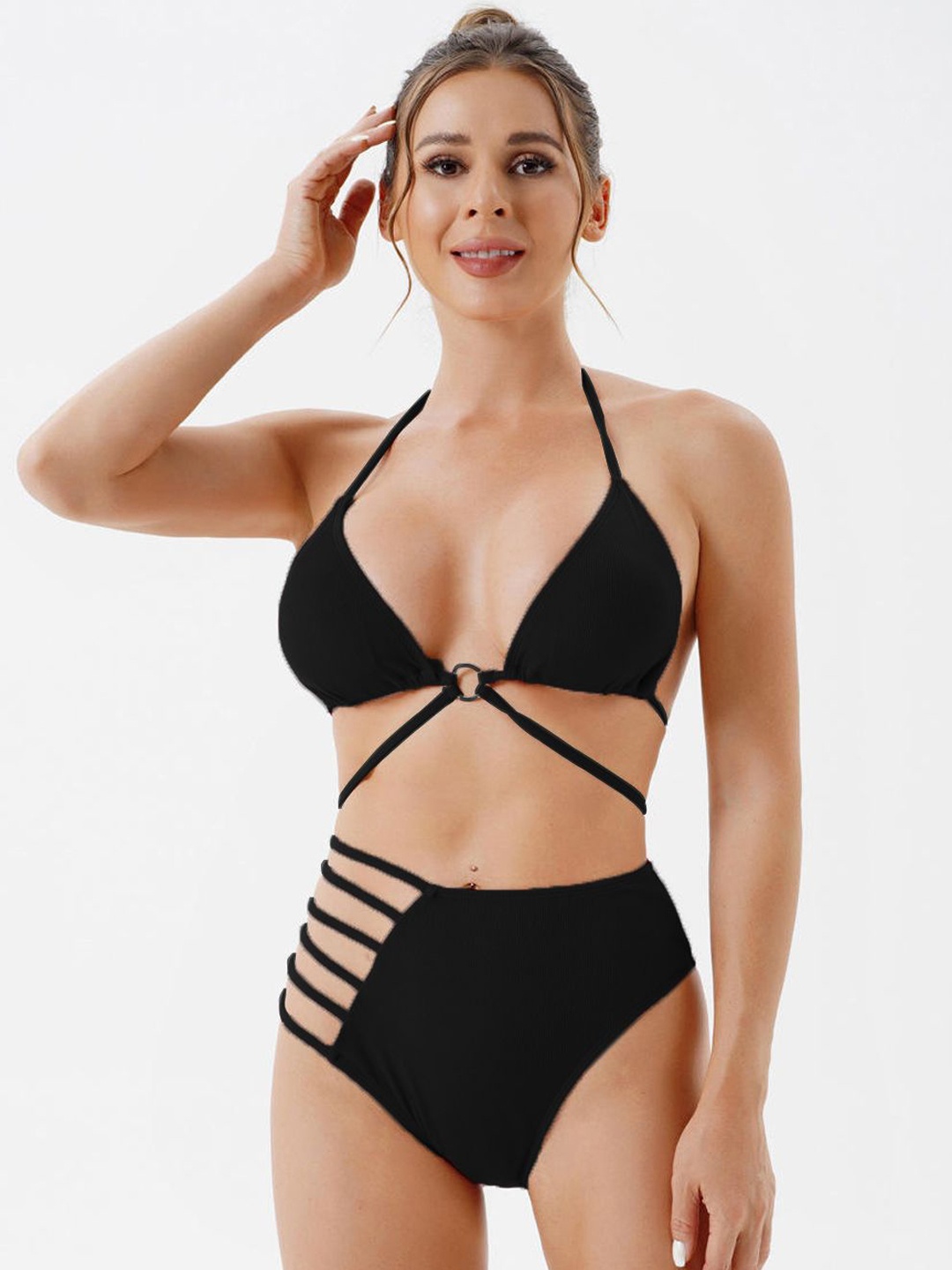 

VAGHBHATT Halter Neck Swim Bikini Set, Black