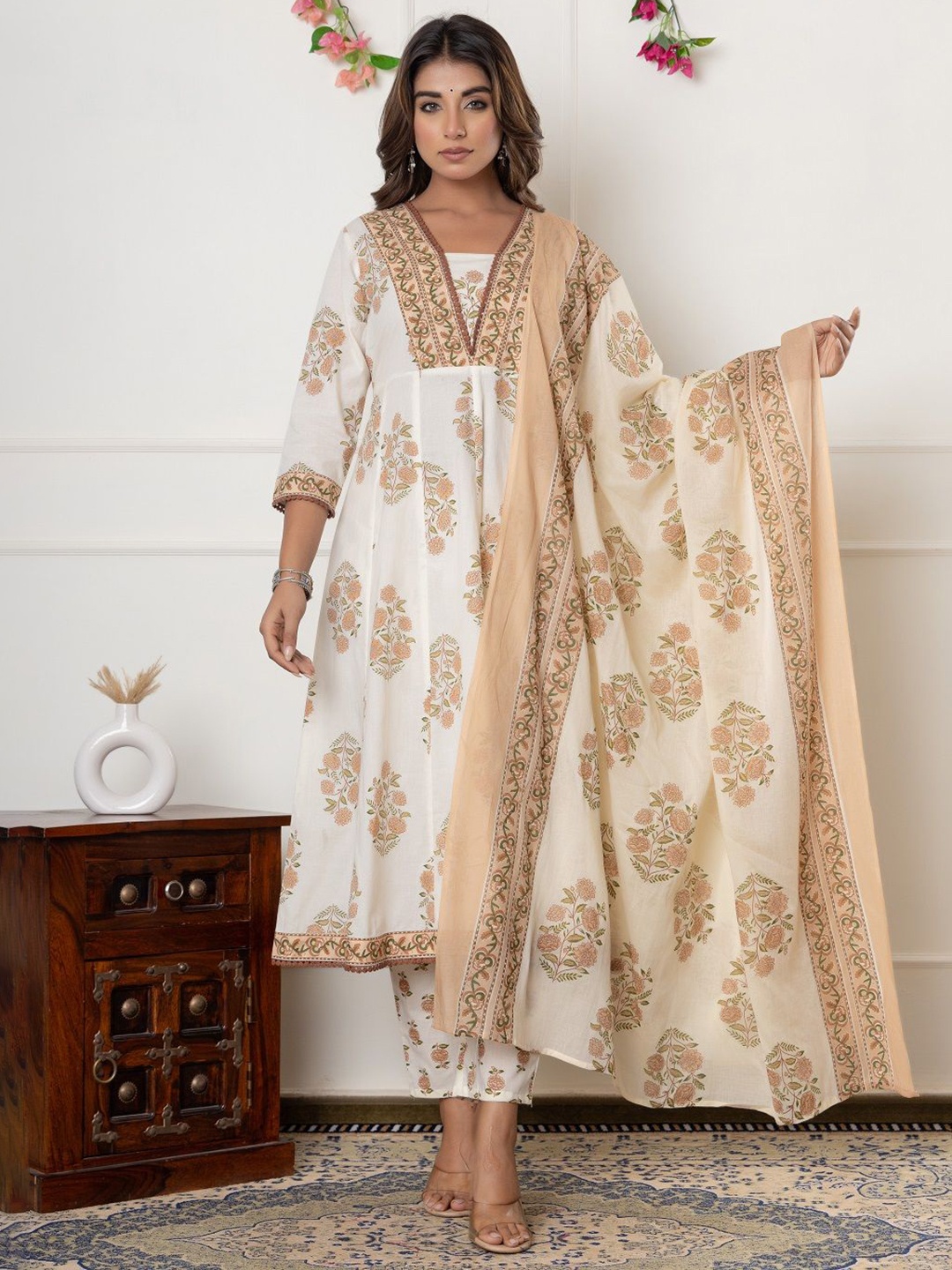 

ALLEN Floral Printed Panelled A Line Pure Cotton Kurta With Trousers & Dupatta, Off white