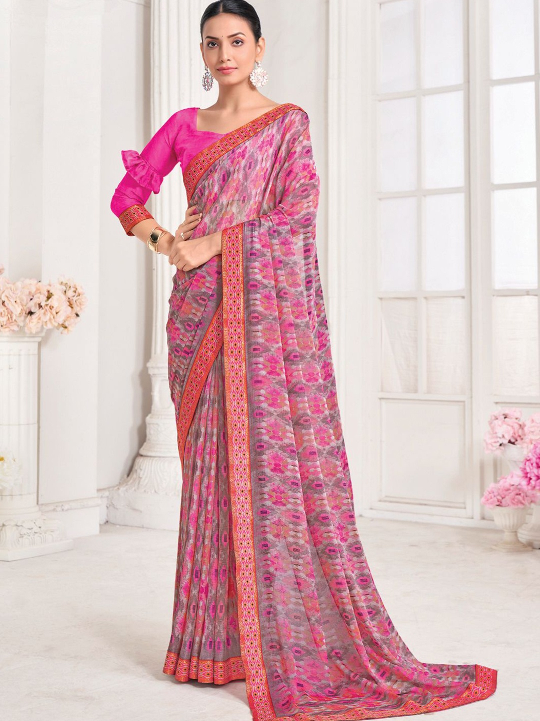 

DIVASTRI Poly Chiffon Saree, Pink
