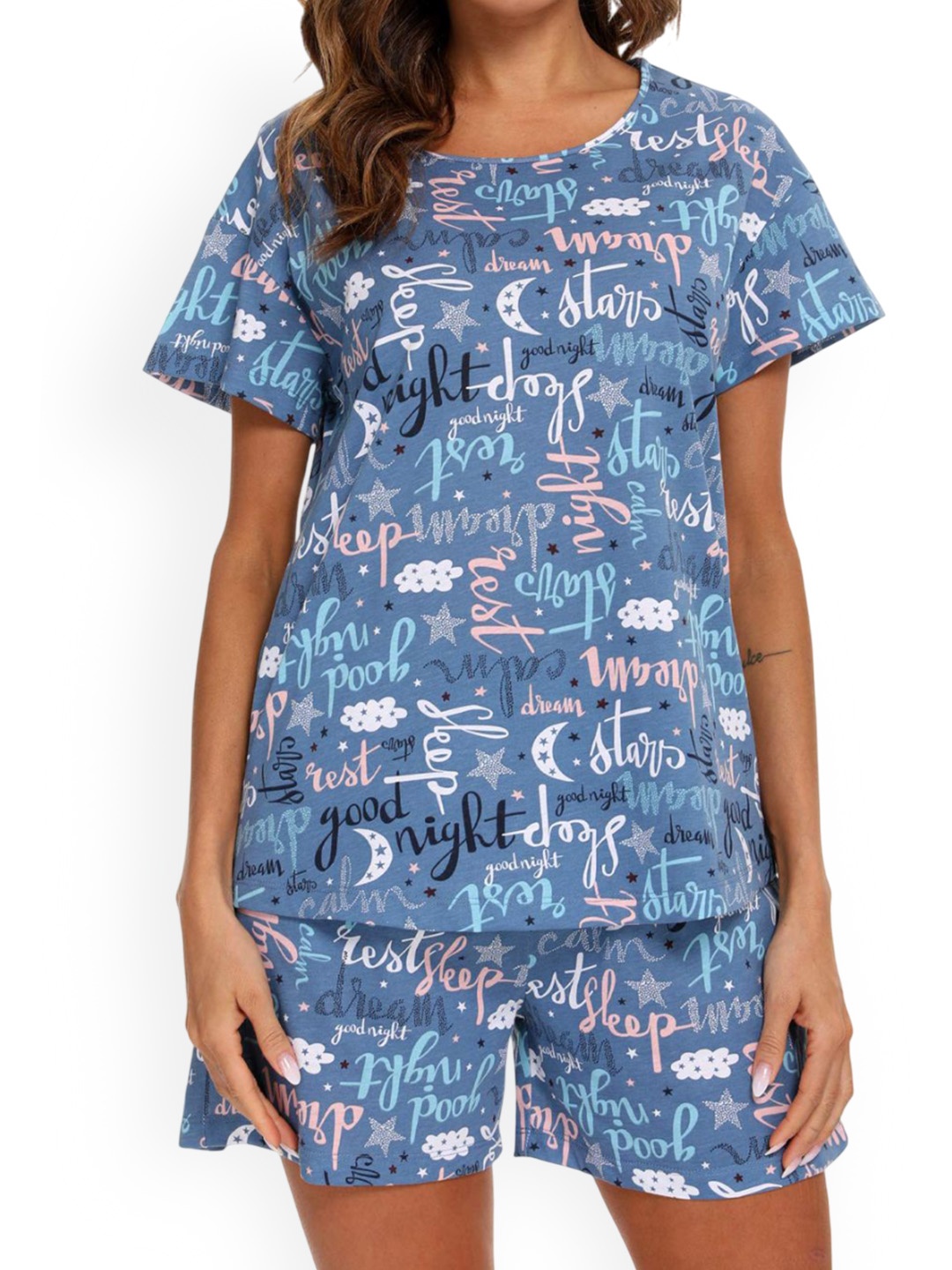 

Dreambe Women Printed Night suit, Blue
