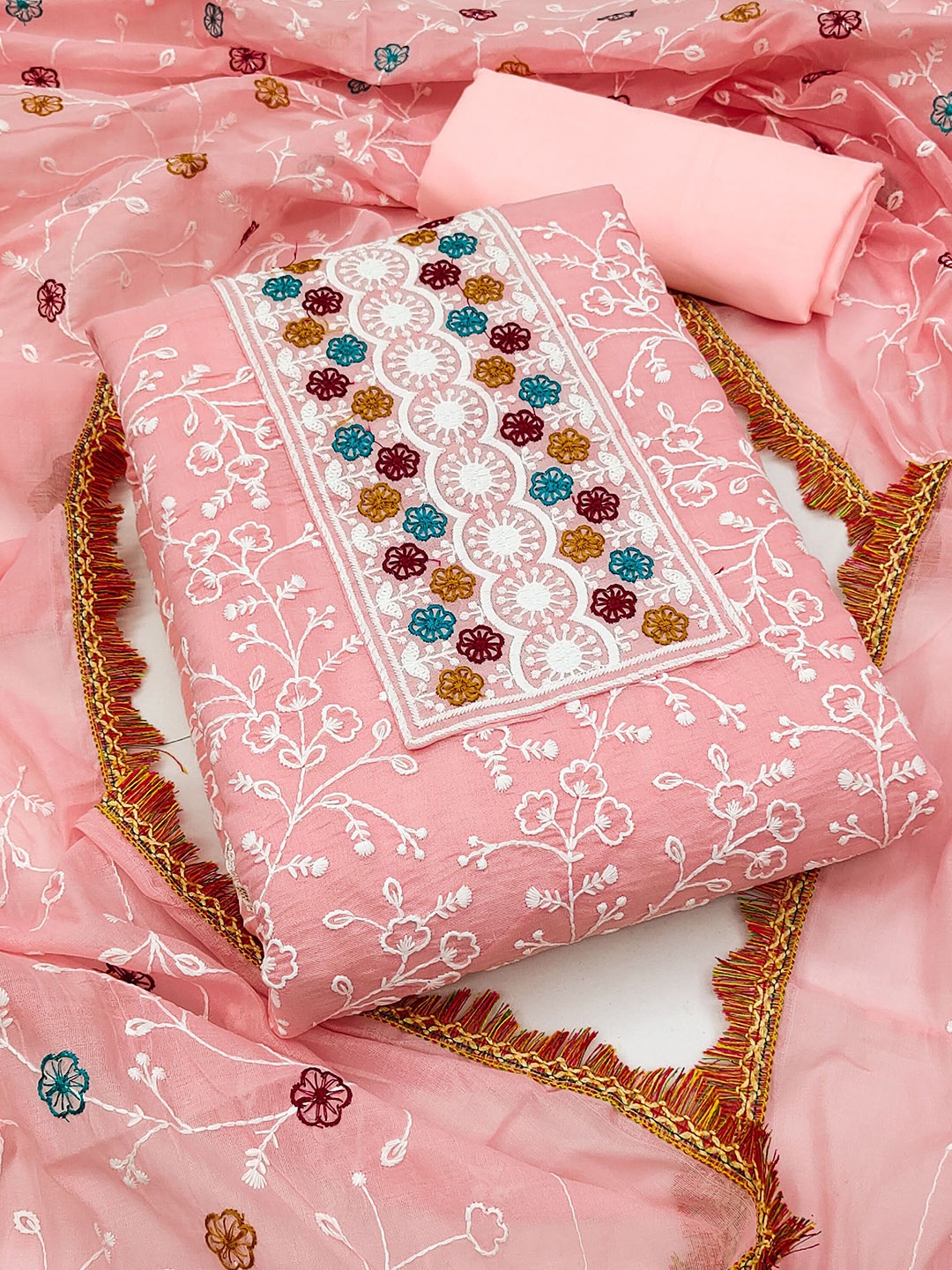 

SAINOOR Embroidered Thread Work Semi-Stitched Dress Material, Peach