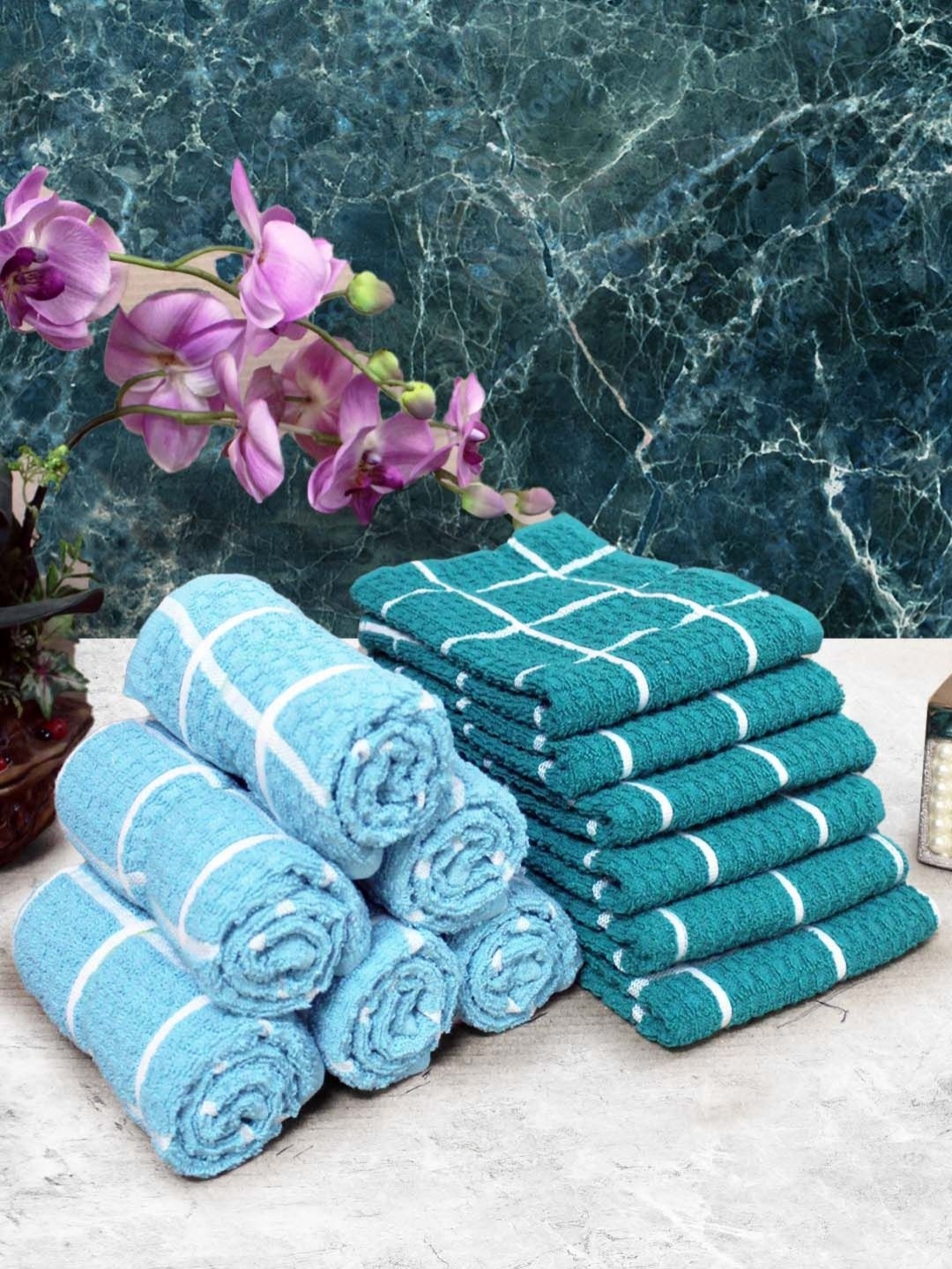 

Aura Blue & White 12 Pieces Checked Pure Cotton Super Absorbent & Quick Dry Hand Towels