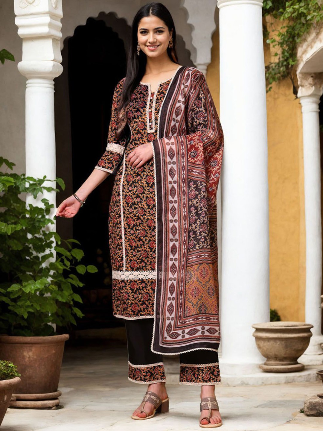 

Anouk Floral Printed Notch Neck Pure Cotton Straight Kurta With Palazzos & Dupatta, Black