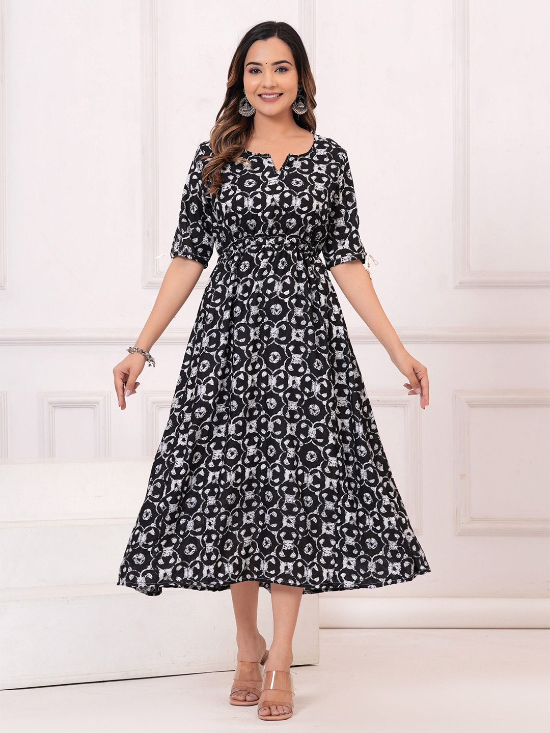 

NEKU FASHOIN Printed Fit & Flare Midi Dress, Black