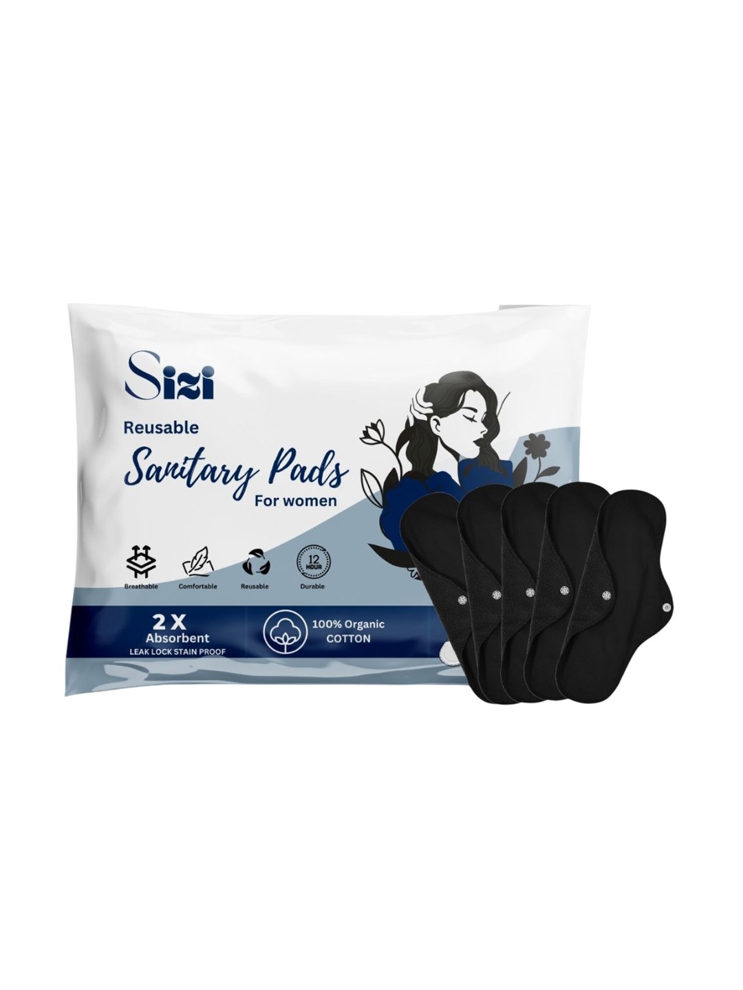 

Sizi Super Absorbent Washable & Reusable Eco-Friendly Sanitary Pads- 5 Pads- XL, Black
