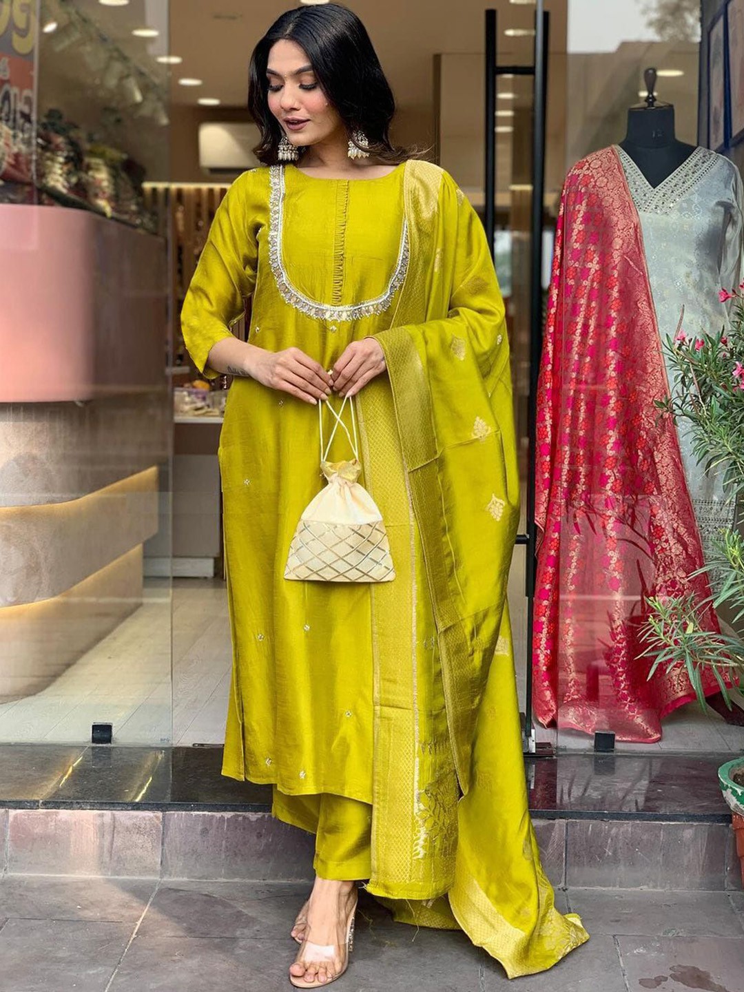 

KALINI Stones & Beads Embellished Round Neck Chanderi Silk Kurta With Trousers & Dupatta, Lime green