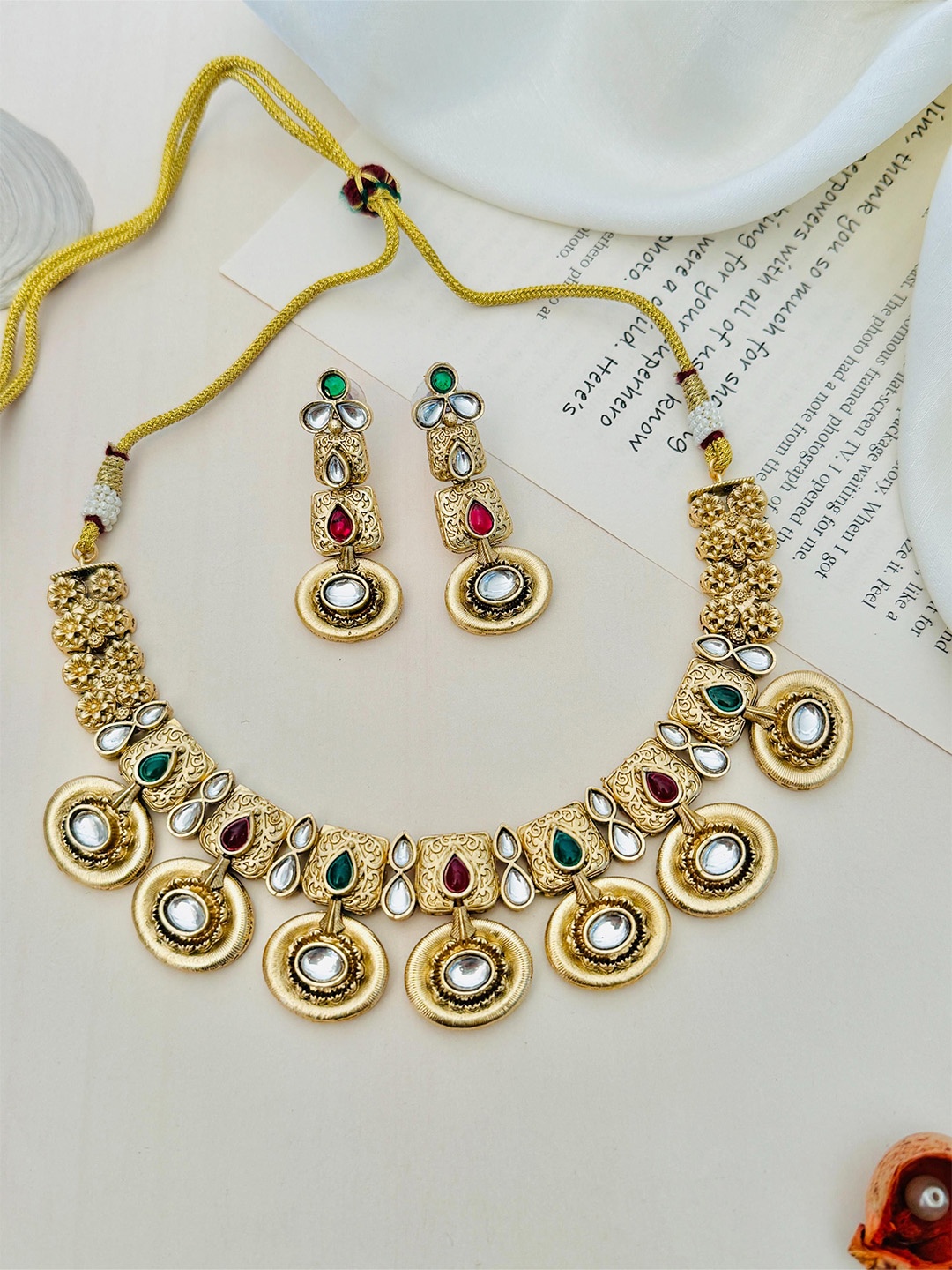 

ABDESIGNS Enchanting Gold Plated Kundan Antique Jewellery Set