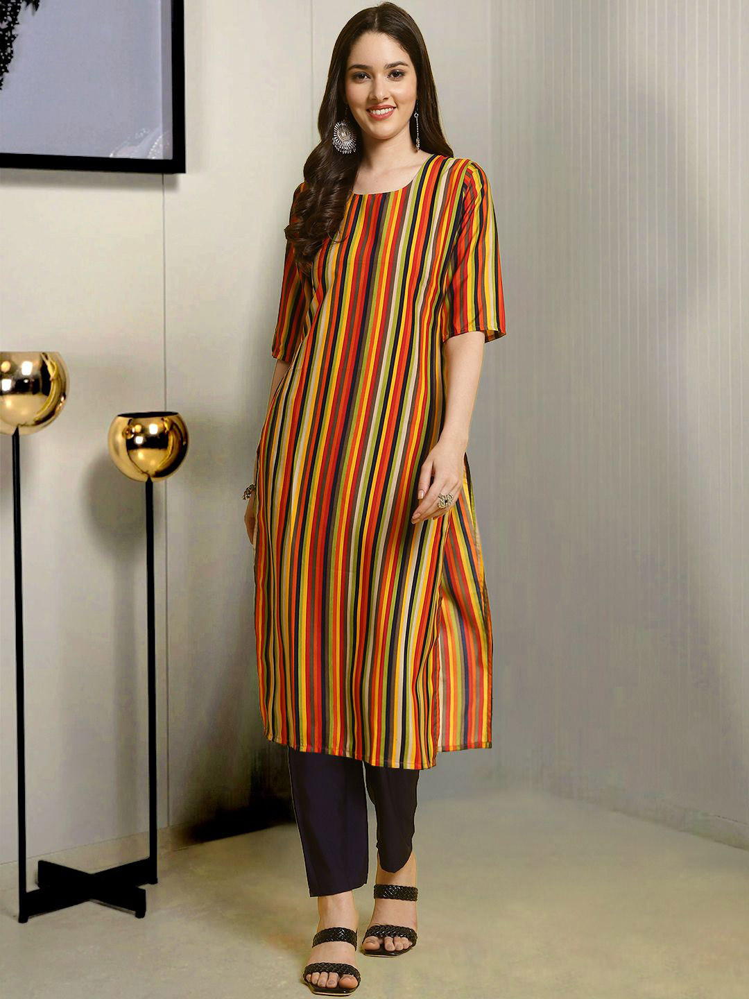 

Moda Rapido Striped Round Neck Straight Kurta With Trouser, Black