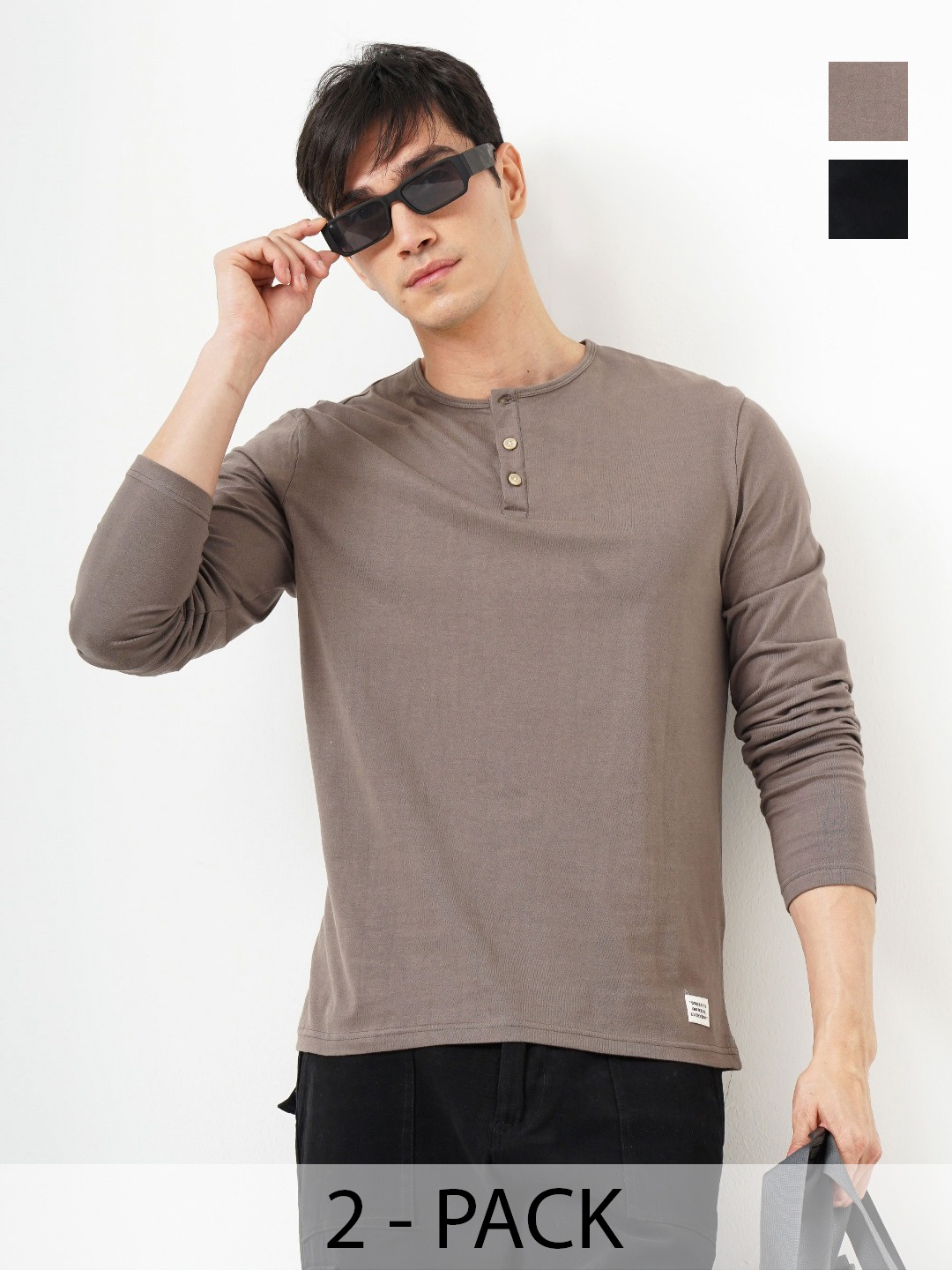 

Genoa Men Pack of 2 Solid Henley Neck Cotton T-shirts, Black