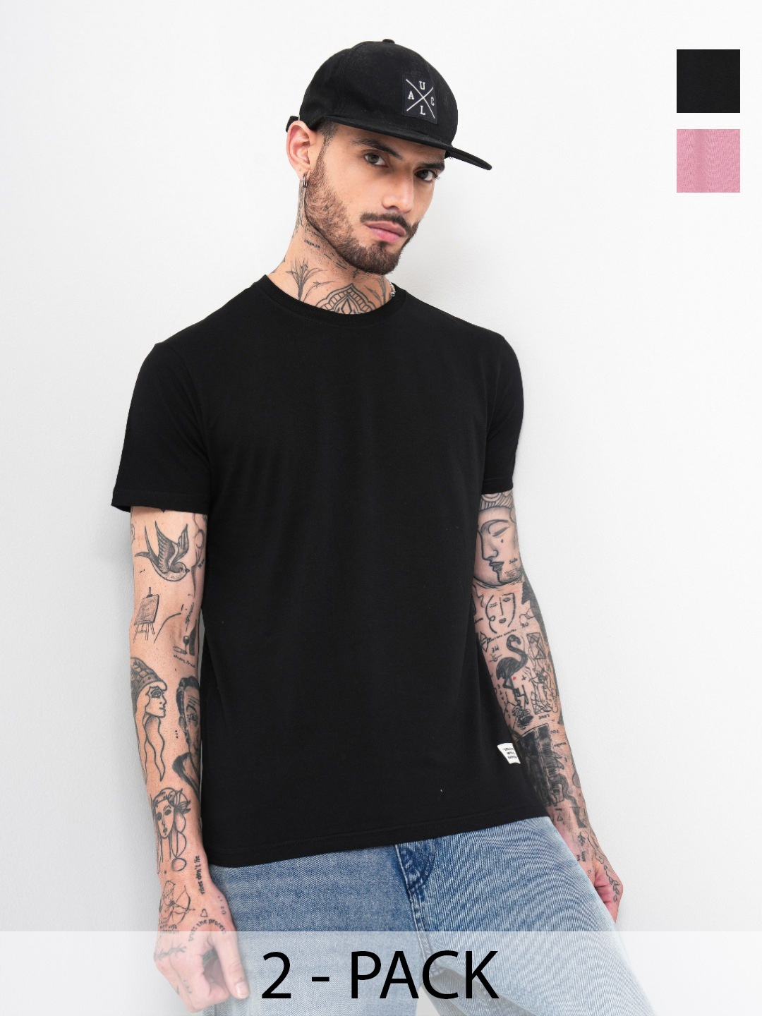 

Genoa Men Pack of 2 Solid Round Neck Cotton T-shirts, Black