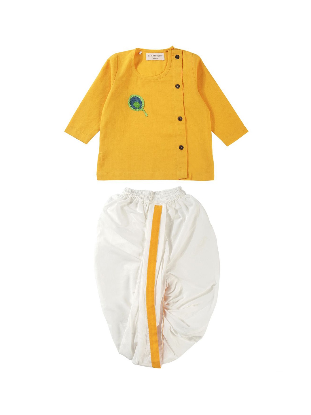 

EARTHY TWEENS Boys Peacock Bliss Ochre Thread Work Pure Cotton Kurta With Dhoti Pants, Yellow