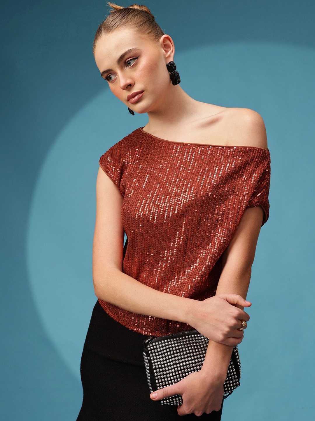 

BAESD Embellished One Shoulder Extended Sleeves Net Top, Rust