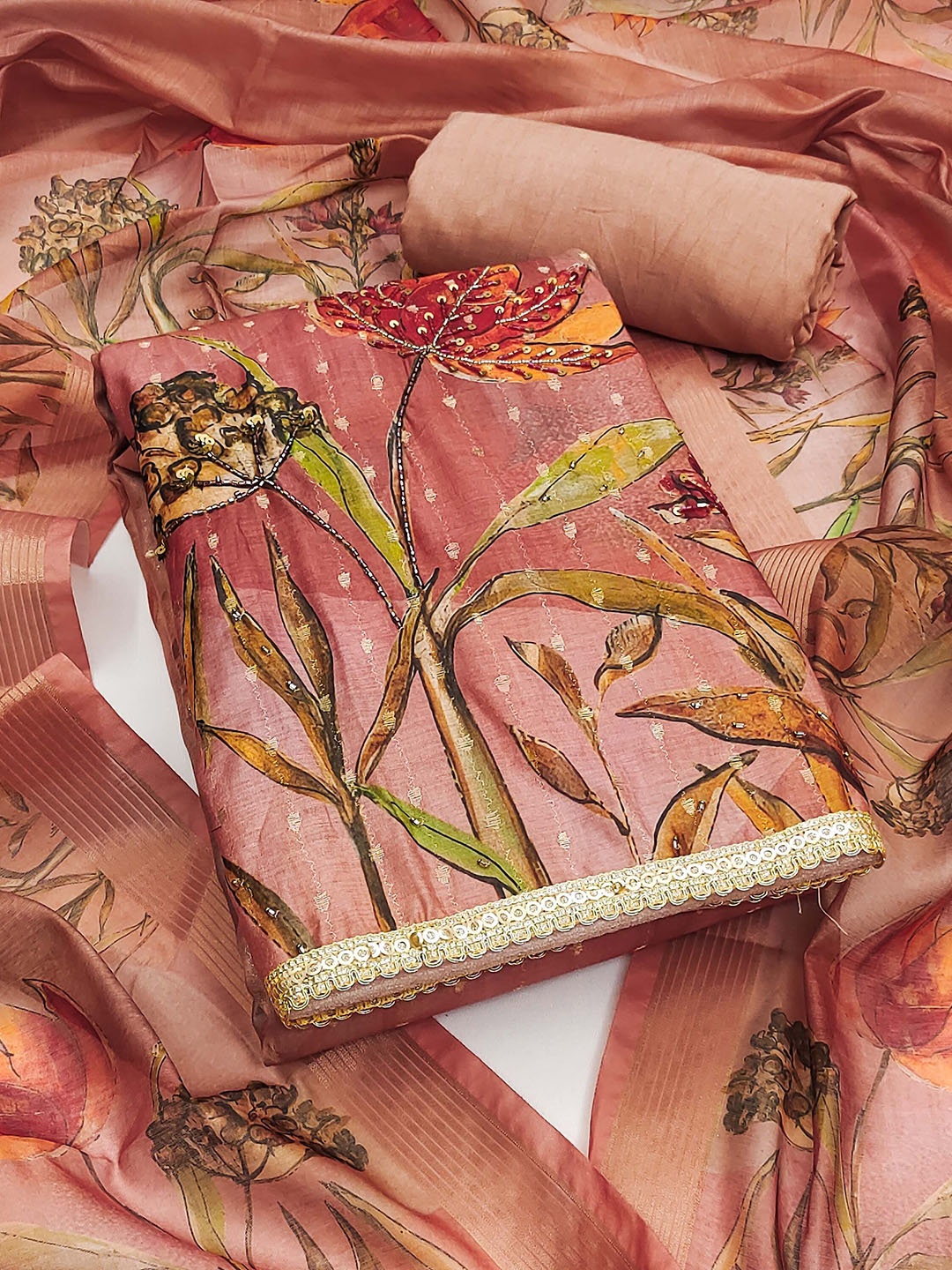 

SAINOOR Floral Printed Sequinned Semi-Stitched Dress Material, Peach