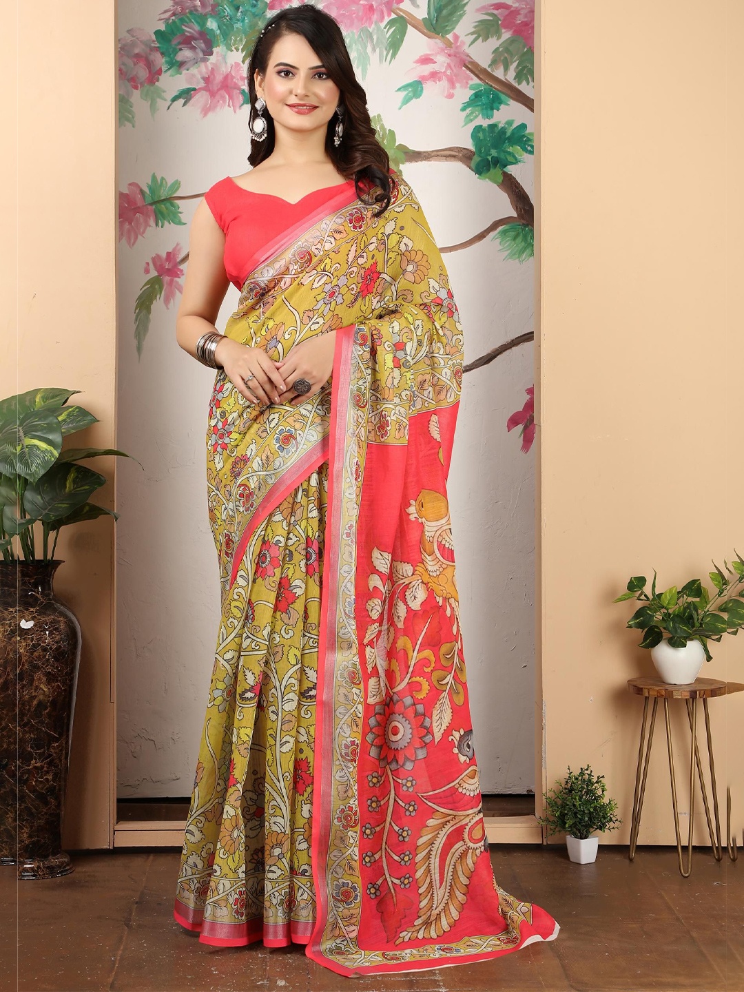 

KALINI Ethnic Motifs Zari Linen Blend Khadi Saree, Yellow